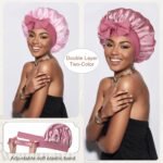 Satin Bonnet for Sleeping Cap Double Layer Hair Bonnet with Elastic Tie Band for Curly Hair Night Cap (Bean Paste + Pink) - Image 2