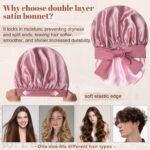 Satin Bonnet for Sleeping Cap Double Layer Hair Bonnet with Elastic Tie Band for Curly Hair Night Cap (Bean Paste + Pink) - Image 3
