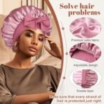 Satin Bonnet for Sleeping Cap Double Layer Hair Bonnet with Elastic Tie Band for Curly Hair Night Cap (Bean Paste + Pink) - Image 4