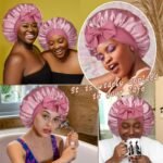 Satin Bonnet for Sleeping Cap Double Layer Hair Bonnet with Elastic Tie Band for Curly Hair Night Cap (Bean Paste + Pink) - Image 7
