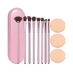 12-Piece Pink Synthetic Makeup Brush Set with Powder Puffs and Storage Case