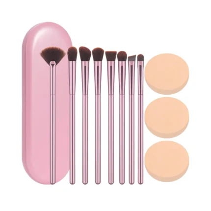 12-Piece Pink Synthetic Makeup Brush Set with Powder Puffs and Storage Case