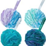 AmazerBath Loofah Sponge 75g/Piece, Exfoliating Bath Sponge Body Scrubber - Loofa Set of 4 Flower Color (Large, Green-Purple)