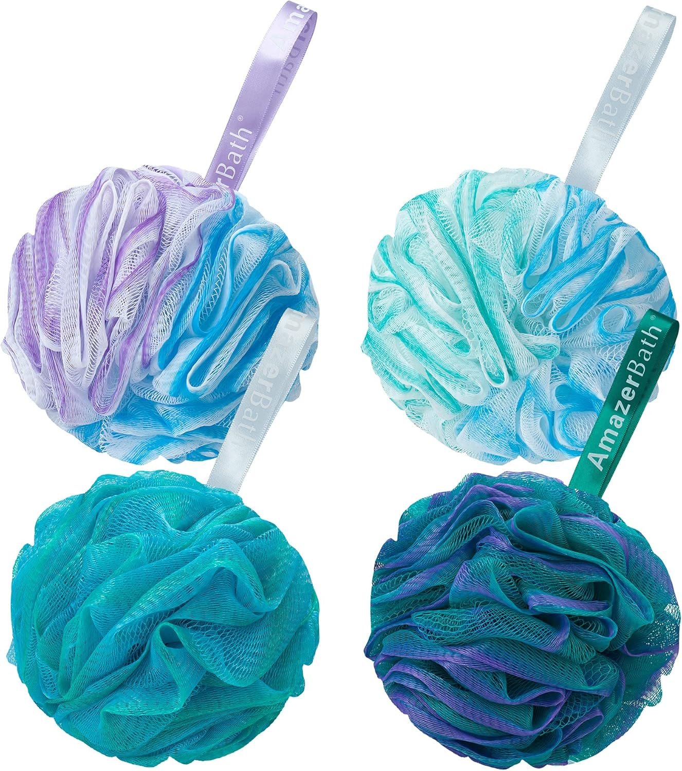 1 AmazerBath Loofah Sponge 75g/Piece, Exfoliating Bath Sponge Body Scrubber - Loofa Set of 4 Flower Color (Large, Green-Purple) - Image 1