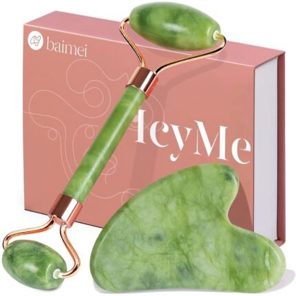 BAIMEI IcyMe Gua Sha & Jade Roller Set, Cooling Face Roller & Guasha Tool for Face Depuffing – Green